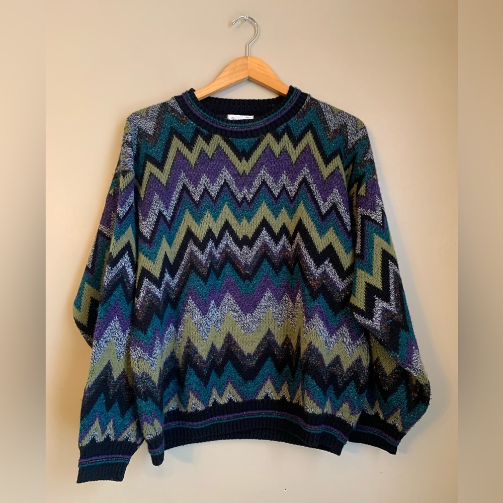 VTG 90s Protege Sweater Mens XL Knit Chevron Multicolor Purple Green Gray zigzag